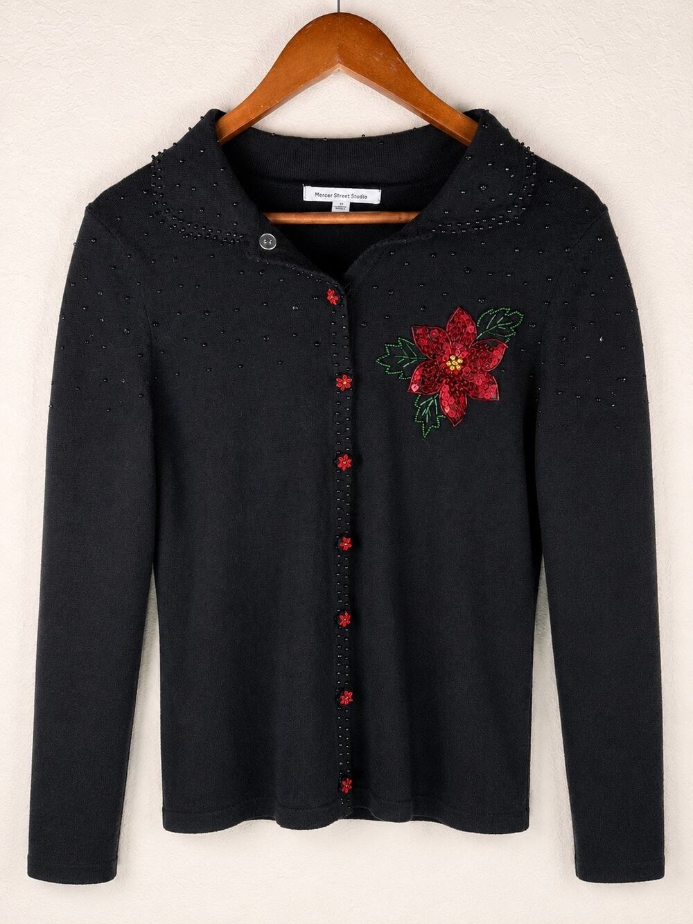 Mercer Street Studio Black Poinsettia Beaded Christmas Cardigan NWT Small